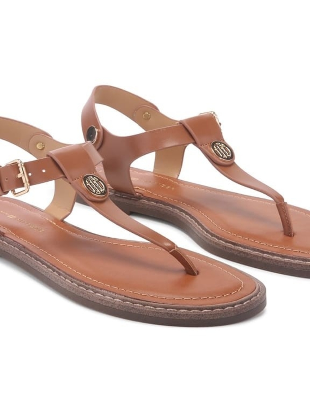Tommy Hilfiger Tan Leather T‑Strap Sandals